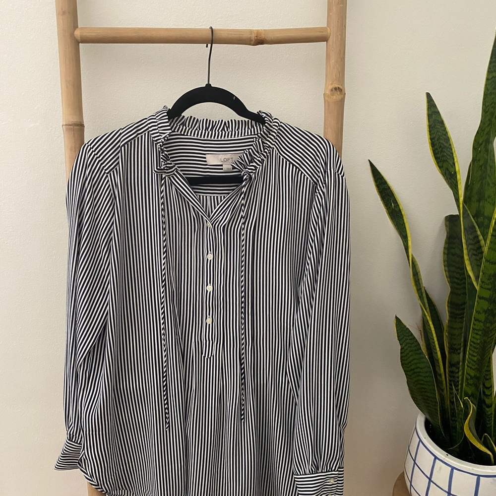 LOFT | Striped High Neck Blouse with Tie L